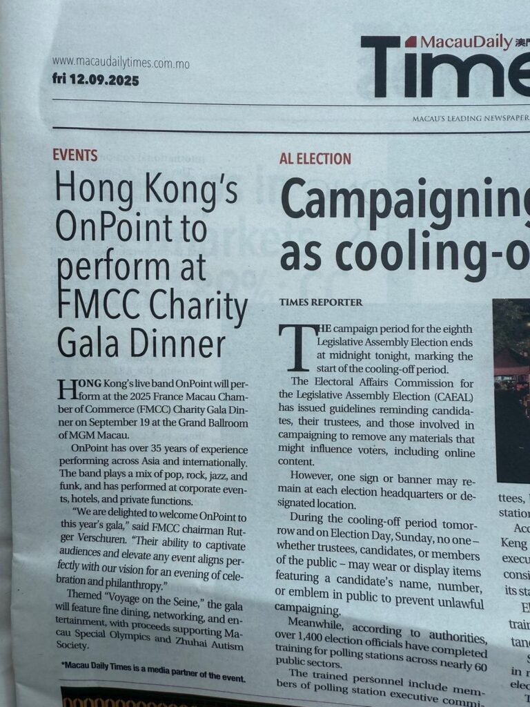OnPoint Performs at the FMCC Charity Gala Dinner at MGM Macau 1 Macau Daily Times page from 12 September 2025 with the headline Hong Kong's OnPoint to perform at FMCC Charity Gala Dinner